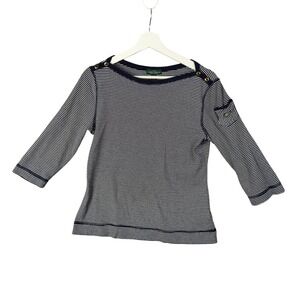 Ralph Lauren LRL Striped Nautical Button Boat Neck Preppy Top 3/4 Sleeve Women L